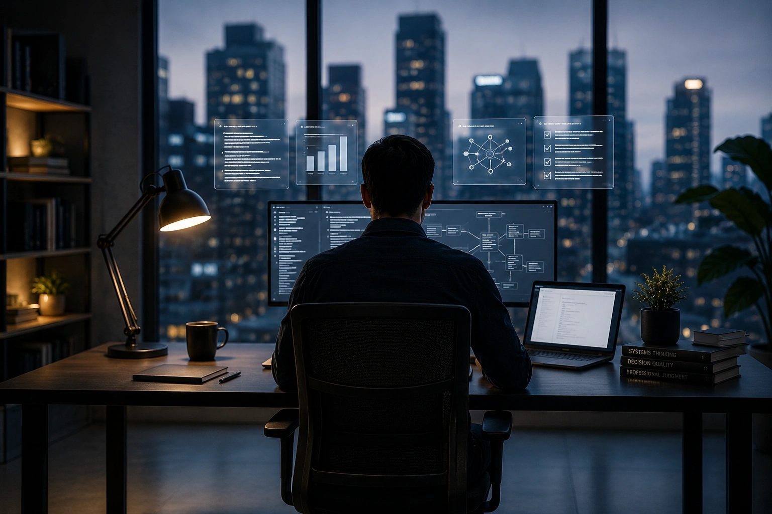 A professional using AI-assisted systems in a high-rise office