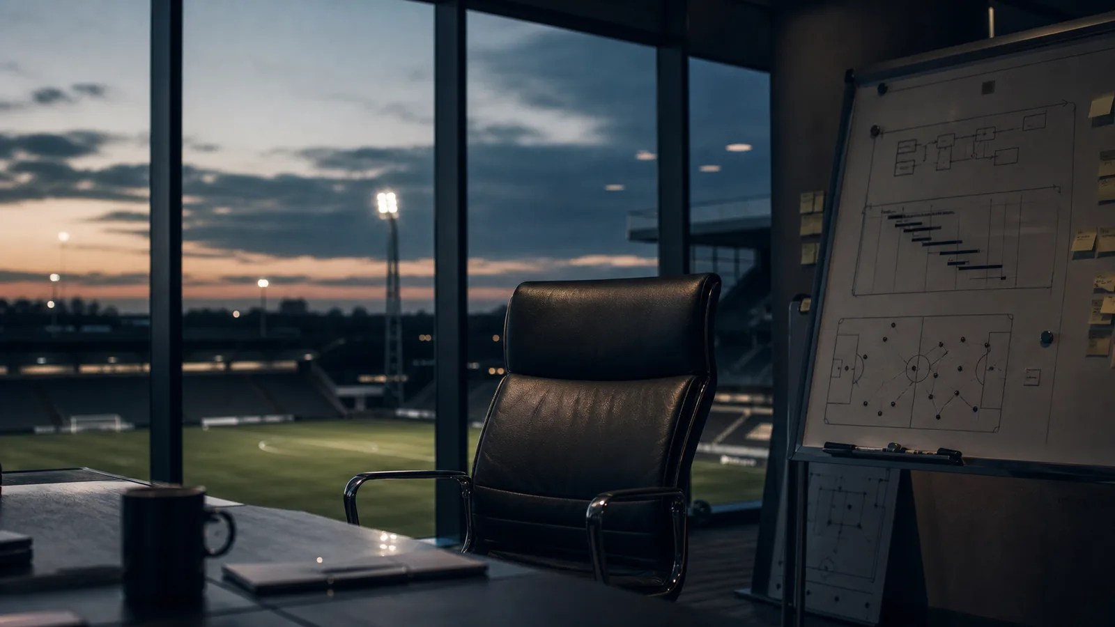 An empty leadership chair overlooking a football pitch beside a strategy board